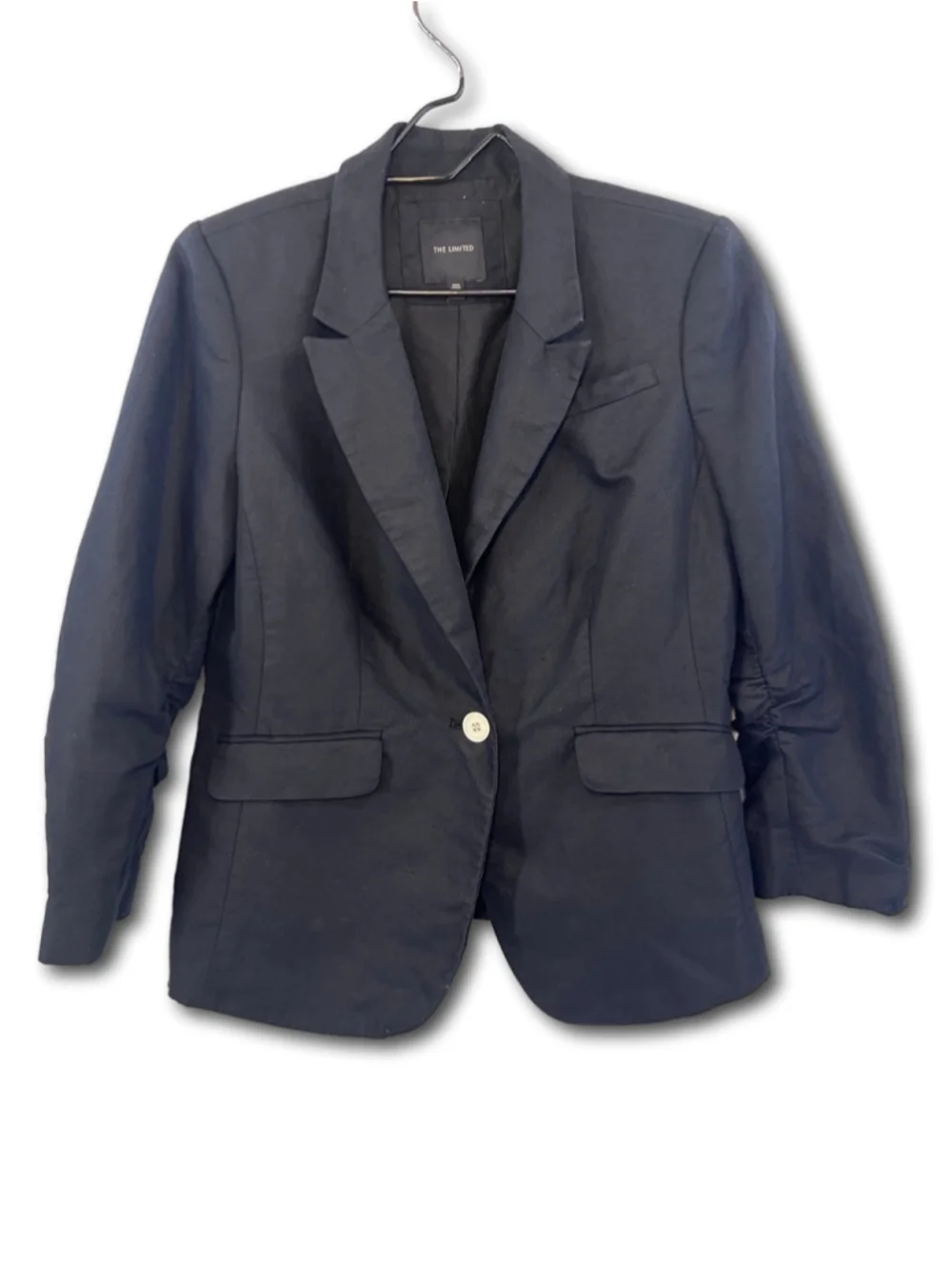 The Limited Blazer Button Front Ruched Sleeve Black Peak Collar Woman Size M